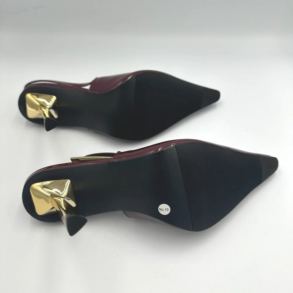 Burgundy Patent Pointed Toe Slingback Pumps 4in Gold Architectural Heel EU36 US6